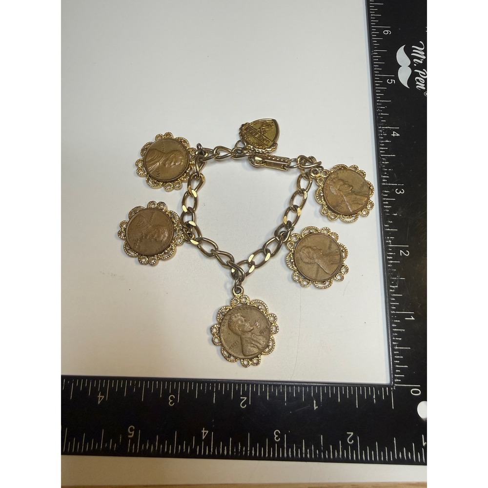 Gold Tone Lincoln Penny Coins Bracelet Las Vegas Charm 1964-1973 Coins 7.5in